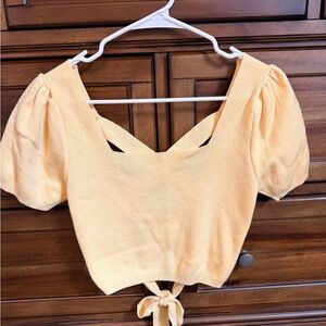 VICI yellow Puff-Sleeve Tie-Back Knit Crop Top